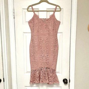 Women's Lipsy London Blush Pink Lace Fluted Hem Dress, Size 12